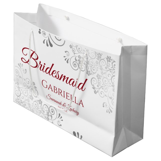 Grand Sac Cadeau Rouge dentelle d'argent sur blanc Mariage de la se (Devant Angle)