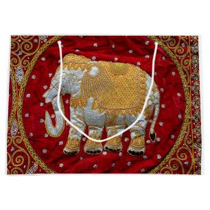 Grand Sac Cadeau Rouge embelli et or d'éléphant d'Asie
