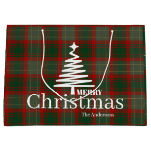Grand Sac Cadeau Rouge moderne Joyeux Noël script arbre tartan roug