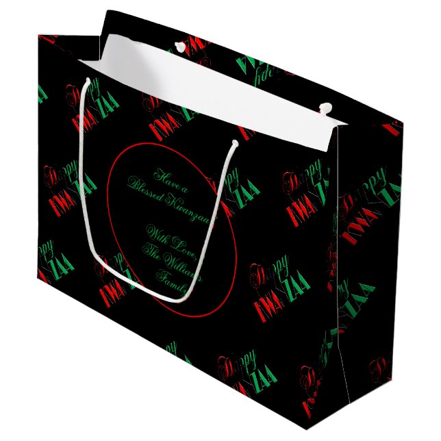 Grand Sac Cadeau Rouge Noir Vert Kinara Typographie Joyeux Kwanzaa (Devant Angle)