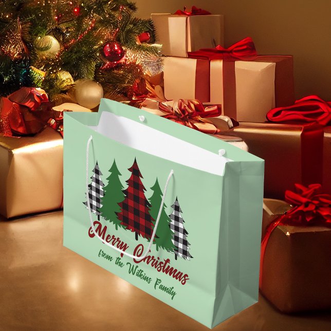 Grand Sac Cadeau Rouge rustique Vert Plaid Arbres de Noël Personnal (Créateur téléchargé)