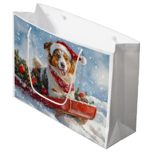 Grand Sac Cadeau Rough Collie Dog in Sledge Let Snow Christmas