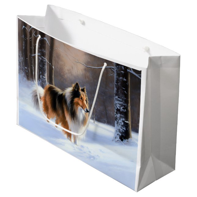 Grand Sac Cadeau Rough Collie Laisser Neige Noël (Devant Angle)