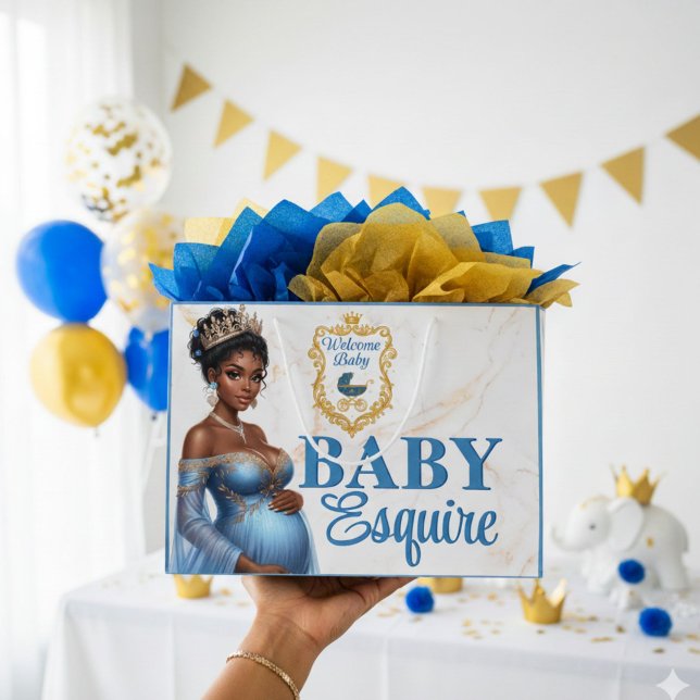 Grand Sac Cadeau Royal African American Mother to Be Blue & Gold (Celebrate in style with this elegant royal gift bag, perfect for African American mom-to-be 💙)