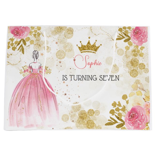 Grand Sac Cadeau Royal fête rose princesse anniversaire (Devant)