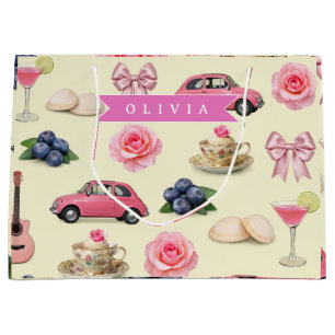 Grand Sac Cadeau Ruban de cocktail rose coquette personnalisé adora