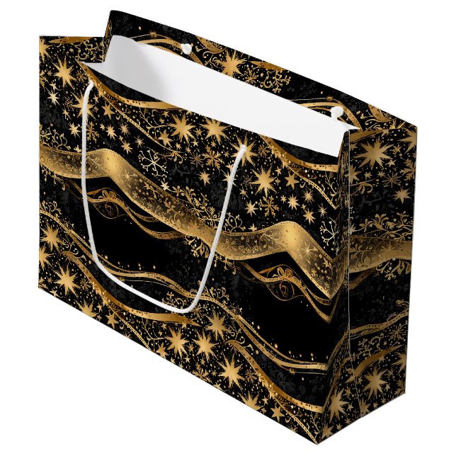 Grand Sac Cadeau Ruban de Noël & Nuit Étoilée Impression Or (Devant Angle)