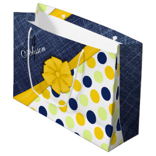 Grand Sac Cadeau Ruban Jaune, Jeans Fabric, Points Motif Monogramme