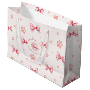 Grand Sac Cadeau Ruban rose, Coeur et Motif Empreinte de patte - Ro