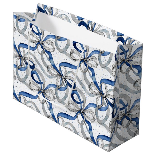 Grand Sac Cadeau Rubans Abstraits Bleus et Argentés (Devant Angle)