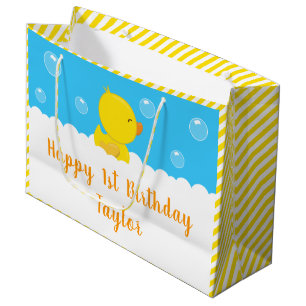 Grand Sac Cadeau Rubber Ducky Jaune et Bleu Joyeux anniversaire