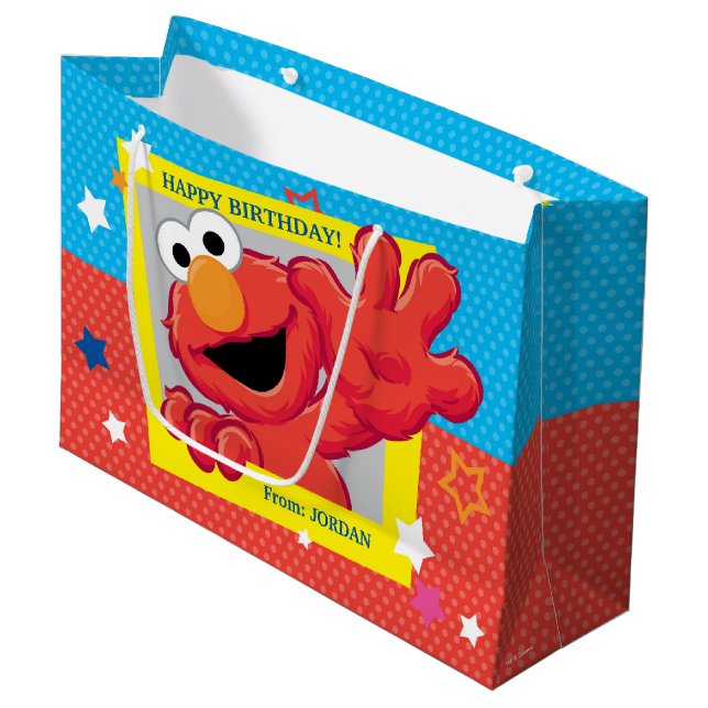 Grand Sac Cadeau Rue Sésame | Elmo - Polka Dot & Stars Anniversaire (Devant Angle)