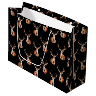 Grand Sac Cadeau Russe Faune Tête de Cerf Aquarelle Noir