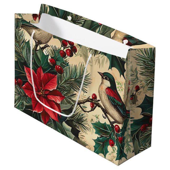 Grand Sac Cadeau Rustic Bird et Poinsettia Motif de Noël (13) (Devant Angle)
