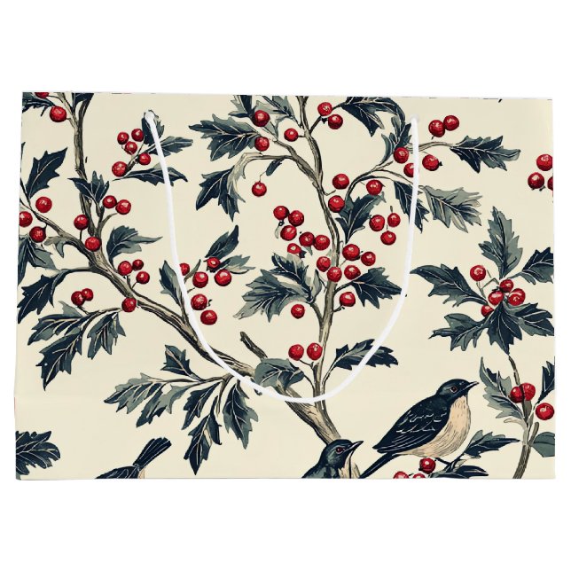 Grand Sac Cadeau Rustic Bird et Poinsettia Motif de Noël (18) (Dos)