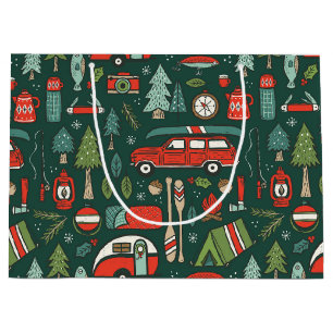 Grand Sac Cadeau Rustic Christmas Camping Rouge & Vert