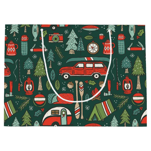 Grand Sac Cadeau Rustic Christmas Camping Rouge & Vert (Devant)