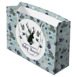 Grand Sac Cadeau Rustic Deer Head Bleu Floral Baby shower moderne