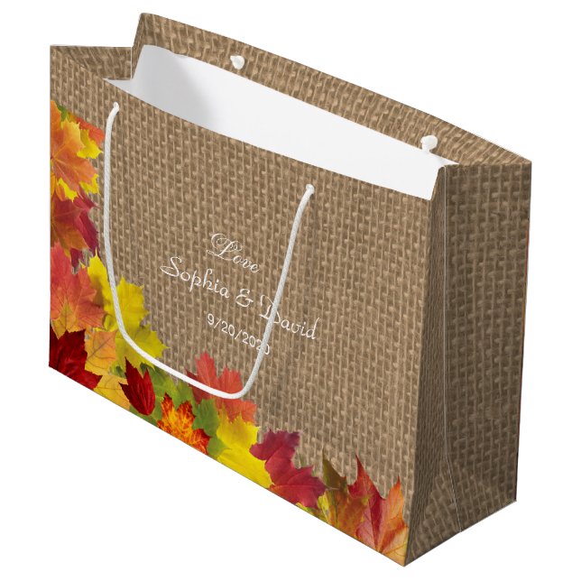 Grand Sac Cadeau Rustic Fall quitte Burlap Mariage (Devant Angle)