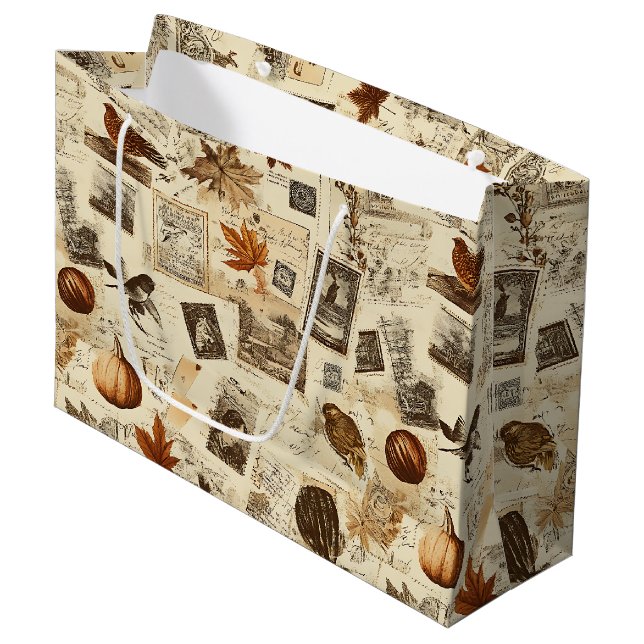 Grand Sac Cadeau Rustique Automne Ephemera Collage | Terre chaude (Devant Angle)