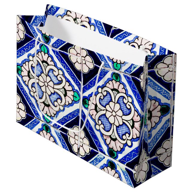 Grand Sac Cadeau Rustique Azulejo Motif espagnol Carreaux Marine Bl (Devant Angle)