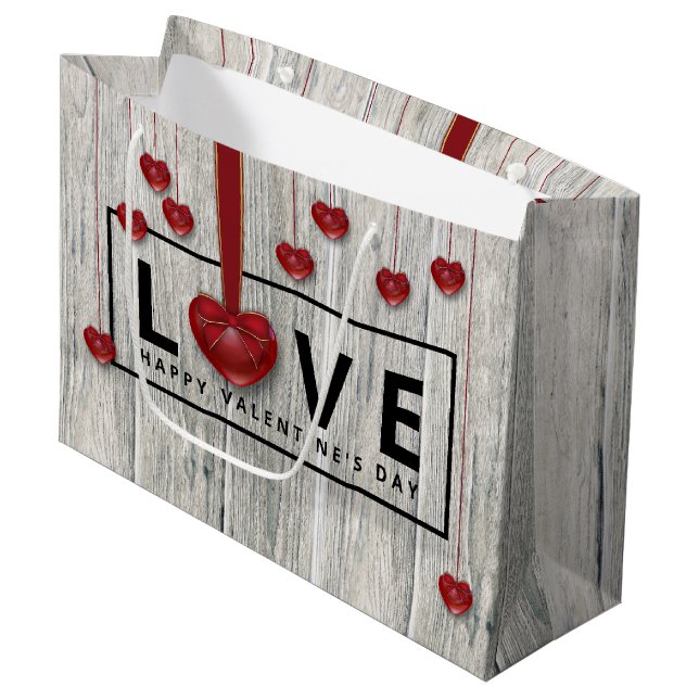 Grand Sac Cadeau Rustique moderne Saint Valentin AMOUR Bois Coeurs  (Devant Angle)