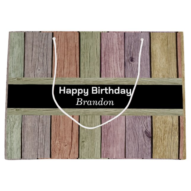 Grand Sac Cadeau Rustique Pastel Bois Plank Joyeux Anniversaire (Devant)