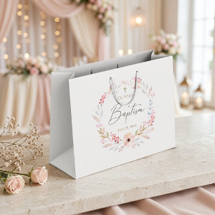 Grand Sac Cadeau Sacrement de baptême fille rose poudré floral