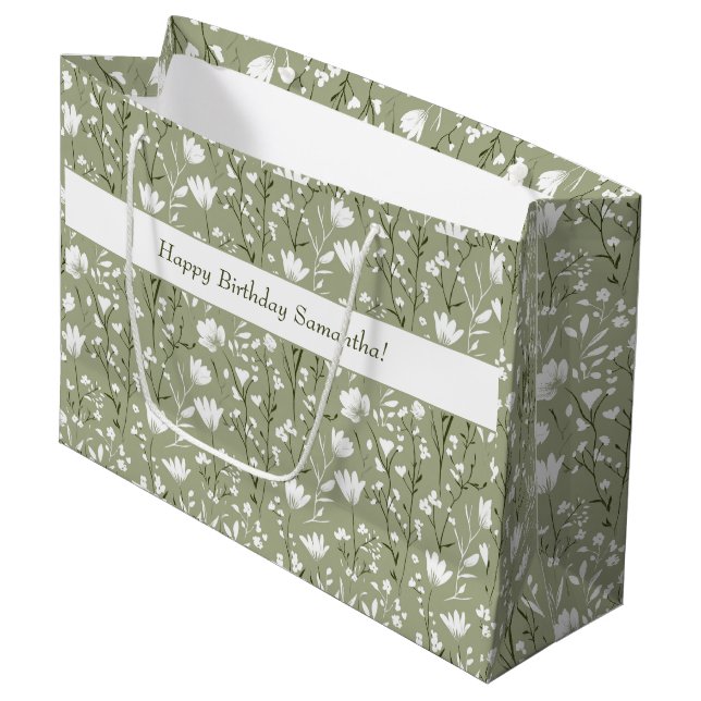 Grand Sac Cadeau Sage Green et White Floral Anniversaire pour elle (Devant Angle)