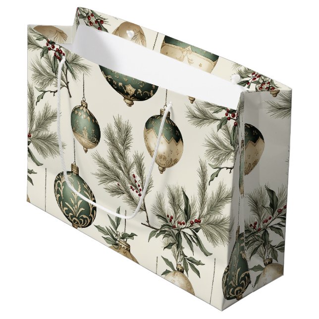 Grand Sac Cadeau Sage Green Gold Ornamy Motif de Noël (Devant Angle)