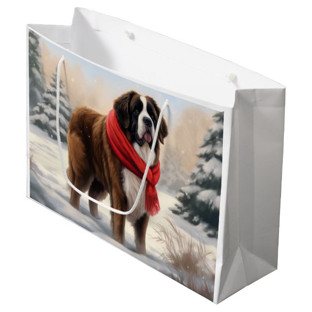 Grand Sac Cadeau Saint Bernard Chien à Noël de neige (Devant Angle)