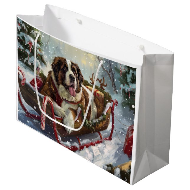 Grand Sac Cadeau Saint-Bernard de Noël Festif (Devant Angle)