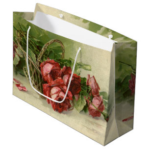 Grand Sac Cadeau Saint-Valentin d'amour vintage, roses rouges cramo