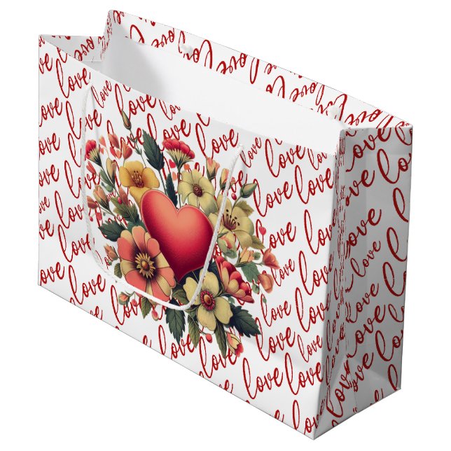 Grand Sac Cadeau Saint Valentin Fleurs et Amour  (Devant Angle)
