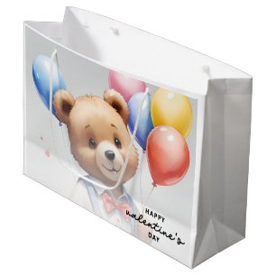 Grand Sac Cadeau Saint-Valentin Mignonne Ours Aquarelle Avec Balloo