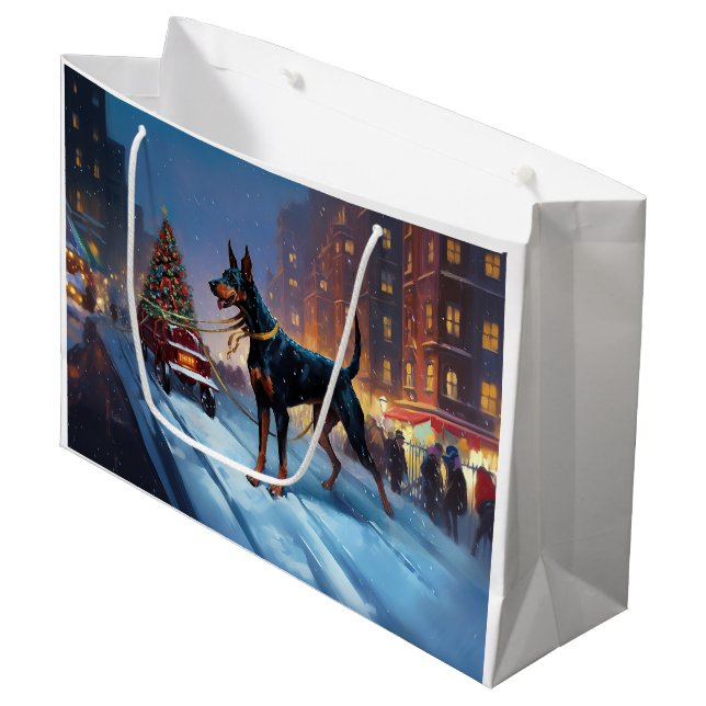 Grand Sac Cadeau Saison Festive de Noël Doberman (Devant Angle)