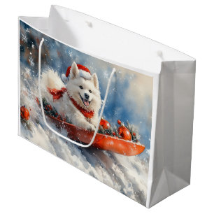 Grand Sac Cadeau Samoyé Chien dans la boue Laisser il neige Noël