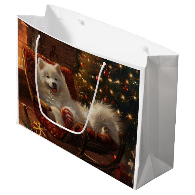 Grand Sac Cadeau Samoyed Chien Festive de Noël (Devant Angle)