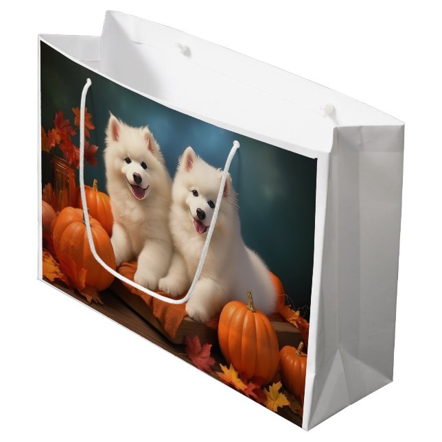 Grand Sac Cadeau Samoyed Chiot Automne Citrouille de plaisir (Devant Angle)
