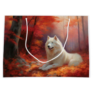 Grand Sac Cadeau Samoyède dans les feuilles d'automne tombées inspi