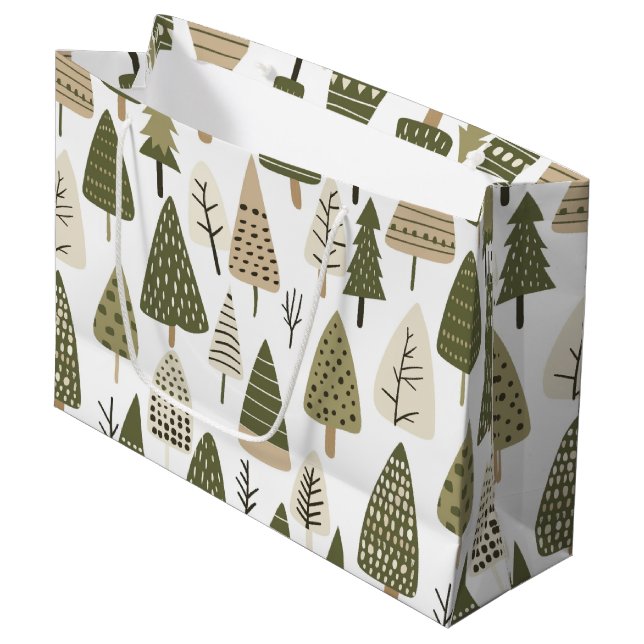 Grand Sac Cadeau sapins de Noël marron et vert (Devant Angle)