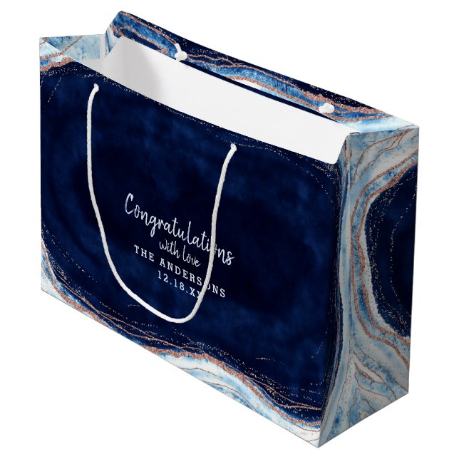 Grand Sac Cadeau Sapphire Blue Rose Gold Félicitations Mariage (Devant Angle)