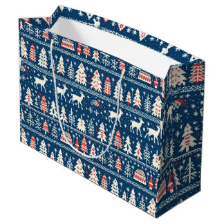 Grand Sac Cadeau Scandinave Marine Bleu renne de Noël nordique