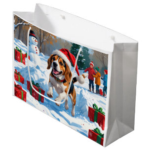 Grand Sac Cadeau Scène de neige festive de Noël avec Beagle