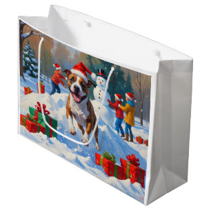Grand Sac Cadeau Scène de neige festive de Noël avec Bull Terrier
