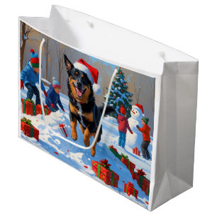 Grand Sac Cadeau Scène de neige festive de Noël avec Malinois Belge