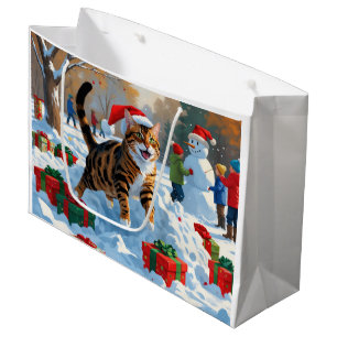 Grand Sac Cadeau Scène de neige festive de Noël avec un chat Bengal