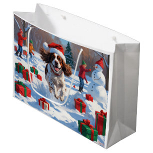Grand Sac Cadeau Scène de neige festive de Noël avec un épagneul br