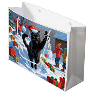Grand Sac Cadeau Scène de neige festive de Noël Black Cat