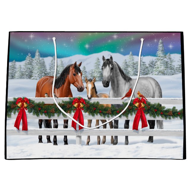 Grand Sac Cadeau Scène de Noël Baie Buckskin Dapple Chevaux gris (Devant)